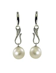 14KW 9-9.5MM White freshwater cultured pearl and diamond earrings with 10 diamonds at .06cttw.