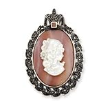 Sterling Silver Marcasite and Pink Shell Cameo Pin