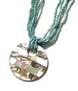 Mother of Pearl Shell Paua Abalone Pendant Blue Bead Necklace P9F