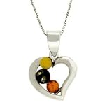 Sterling Silver Trendy Multicolor Brown and Green Genuine Amber Heart Pendant