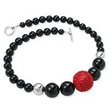 .925 Silver, Onyx & Carved Cinnabar Necklace- 17 IN