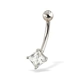 14K solid white gold belly ring with square gem