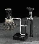 European Style Shave Shaving Set with Mach 3 Razor, Badger Brush on Black Chrome Plated Stand