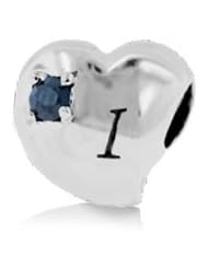 Sterling Silver Alphabet I Pandora Style Charm with 2 Pieces 3mm Dark Blue Natural Sapphire Gemstones on Both Sides , Fits Pandora and All Brands Charm Bracelets and Necklaces.