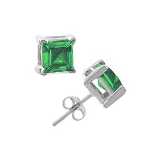 Buy .925 Sterling Silver Lab Created Emerald Gemstone Four Prong Stud Earrings - Princess Cut Shape 7...