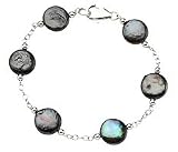 Sterling Silver and Freshwater Cultured Black Coin Pearl Station Bracelet - 7.5 Inch/ 12-13 MM