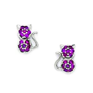 14k White Gold Red CZ Cat Screwback Earrings