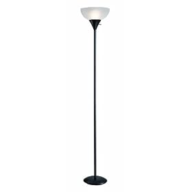 Normande Lighting 150W Incandescent Torchiere Floor Lamp. 70" High with a Black Painted Finish and White Frosted Plastic Shade.