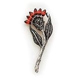 Sterling Silver Marcasite and Red CZ (Cubic Zirconia) Flower Pin