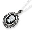 Sterling Silver Marcasite, Onyx & Mother of Pearl Cameo Necklace - 18 Inch