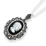 Sterling Silver Marcasite, Onyx & Mother of Pearl Cameo Necklace - 18 Inch