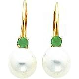 14K Yellow Gold Pearl and Emerald Earrings Jewelry New