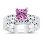 0.39 Cts Diamond & 1.04 Cts Pink Sapphire Matching Ring Set in 14K White Gold