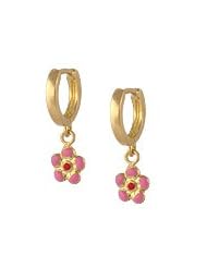 18K Gold Littel Girls Huggie Hoop Earrings With Dangling Enamel Flowers