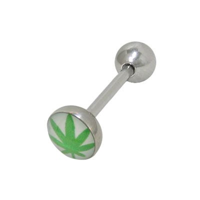 Green Pot Leaf Tongue Ring Surgical Steel