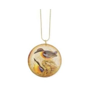 Beautiful ZAD Painted Enamel Birds in Nest Round Charm Necklace Gold Tone