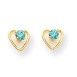 14k 3mm Blue Zircon Birthstone Heart Childrens Earrings - Measures 6x6mm
