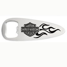 Harley Davidson Bar & Shield with Flames Hand Held Bottle Opener, high-polish chrome bottle opener with a Bar & Shield logo with flames. 4 1/2