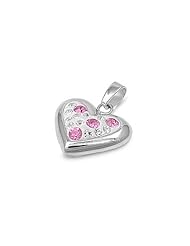 Sterling Silver Pink Ice Clear Cz Heart Pendant Polished Charm Pure 925 New 17mm with 0.8mm Snake Chain