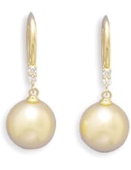 10mm Cultured South Sea Pearl and Diamond 18K Yellow Gold French Wire Earrings