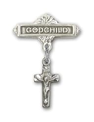Sterling Silver Baby Badge with Crucifix Charm and Godchild Badge Pin