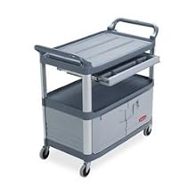 Rubbermaid Commercial HDPE Service Cart with Lockable Doors and Sliding Drawers, 2 Shelves, Gray, 300 lbs Load Capacity, 37-13/16" Height, 40-5/8" Length x 20" Width