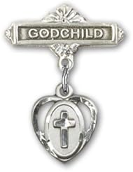 Sterling Silver Baby Badge with Cross Charm and Godchild Badge Pin