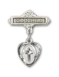 Sterling Silver Baby Badge with Cross Charm and Godchild Badge Pin