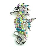 Multi-Color Austrian Rhinestone & Beads Sea Horse Design Silver-Tone Brooch Pin