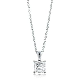 Sterling Silver 925 Clear Princess CZ Solitaire Pendant Necklace - 7mm - Ideal Gift For Mother Day, Anniversary, Engagement, Wedding, Birthday, For Her
