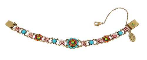 Admirable Turquoise and Multicolor Michal Negrin Bracelet Adorned with Vintage Roses and Swarovski Crystal Flowers; Vintage Looking - Special Ordered and Shipped by Genuvo within 2 to 3 Weeks