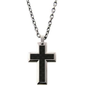 Stainless Steel Men's Cross Pendant Necklace w/ Black Inlay