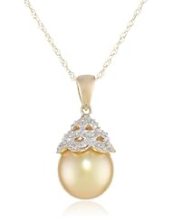 14k Yellow Gold 9.0-10.0mm South Sea Cultured Pearl Pendant Necklace (0.06 cttw, G-H Color, I1-I2 Clarity), 17"