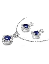 Sterling Silver Squared Pendant Necklace and Earrings Jewelry Set with Blue Sapphire and Clear CZ