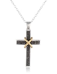 Sterling Silver with Gold Flash Black Diamond Cross Pendant Necklace