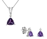 9ct White Gold Ladies Amethyst Trillion/Diamond Pendant with 18 Chain & Earrings