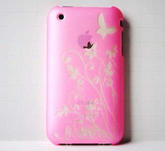 New Pink Butterfly Flower Garden Laser Cut Rear Only Apple Iphone 3g 3gs Snap on Cell Phone Case + Screen Protector