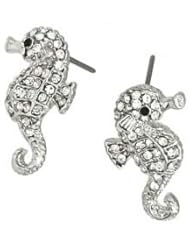 Small Adorable Sparkling Clear Crystal Seahorse Stud Earrings Silver Tone with Rhodium Plating