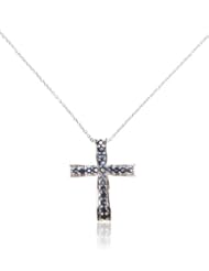 0.90 Carat Genuine Blue Sapphire Cross Pendant 925 Sterling Silver
