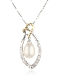 Love Knot Sterling Silver and 14k Yellow Gold Freshwater Cultured Pearl with Diamond Pendant Necklace, 18"