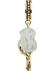 Best Gift, 18k Yellow Gold Overlaid Sterling Silver White Mother of Pearl Tulips Dangle Charm, Fits Pandora and All Brands Charm Bracelets and Necklaces.