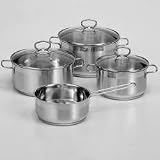 Topfset 4-teilig Edelstahl mit satiniertem Dekorband, Glasdeckel mit Edelstahlschutzrand und Lüftungsloch