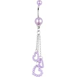 Purple Faux Pearl Hollow Heart Chain Drop Belly Ring