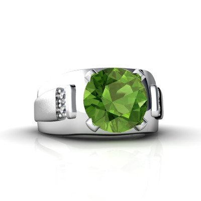 14K White Gold Genuine Round Peridot and Diamond Men's Men's Ring