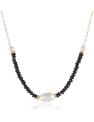 Gemstone Rondelle and White Baroque Freshwater Cultured Pearl Gold over Silver Chain Necklace, 16"+2" Extender