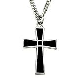 Sterling Silver Cross Necklace in a Black Enameled and Silver Border Design Childrens Religious Jewelry Boy Cross Necklaces Gift Boxed Chain Type-Curb Chain w Chain 18 Length Gift Boxed