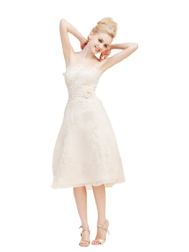 Topwedding Knee Length Strapless A Line Wedding Dress with Floral Appliques