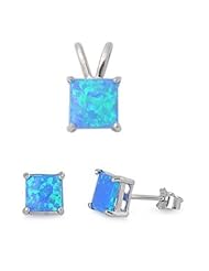 Sterling Silver Lab Opal CZ Earrings and Necklace Jewelry Set
