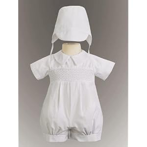 Boys Christening Cotton Romper and Bonnet Set - JEREMY - for Baby or Infant Boy's Christening Clothing - Short Sleeved with small smocking size 0 - 12 months