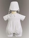 Boys Christening Cotton Romper and Bonnet Set - JEREMY - for Baby or Infant Boy's Christening Clothing - Short Sleeved with small smocking size 0 - 12 months